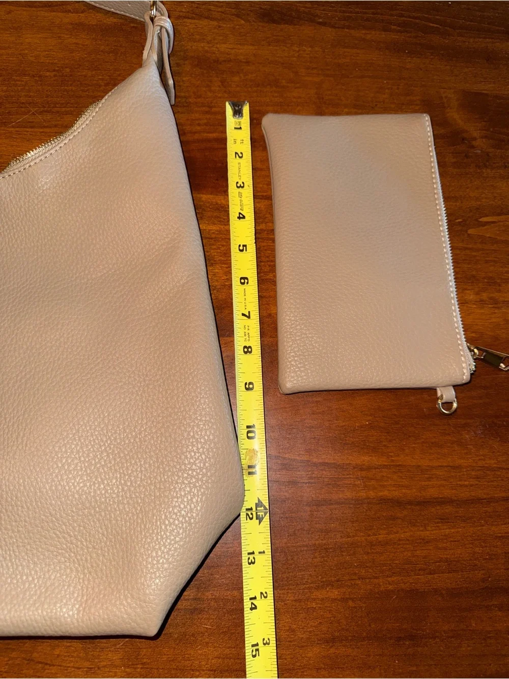 Isabelle Pebbled Hobo Shoulder Bag w/ Gold Hardware & Wristlet - Beige